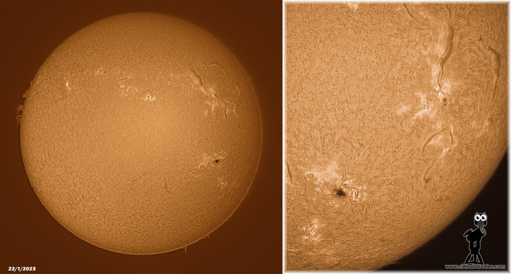 El sol con telescopio coronado pst.
Mancha solar.