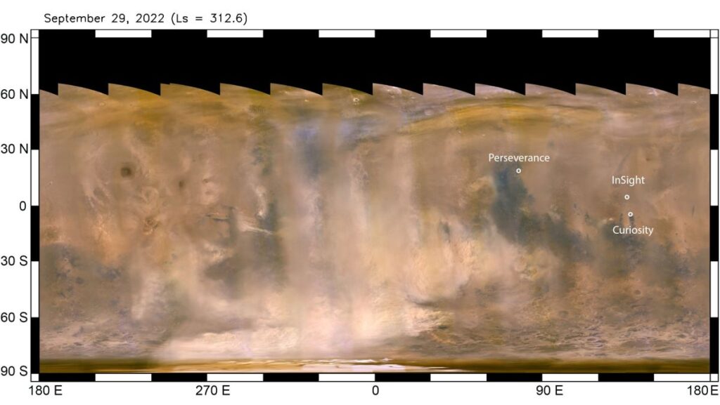 localización de las sondas en Marte y de la tormenta de polvo
