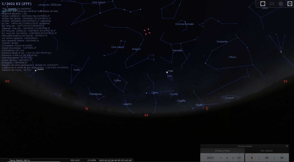 Posición del cometa C/2022 E3 (ZTF) el 22 de enero antes del amanecer.