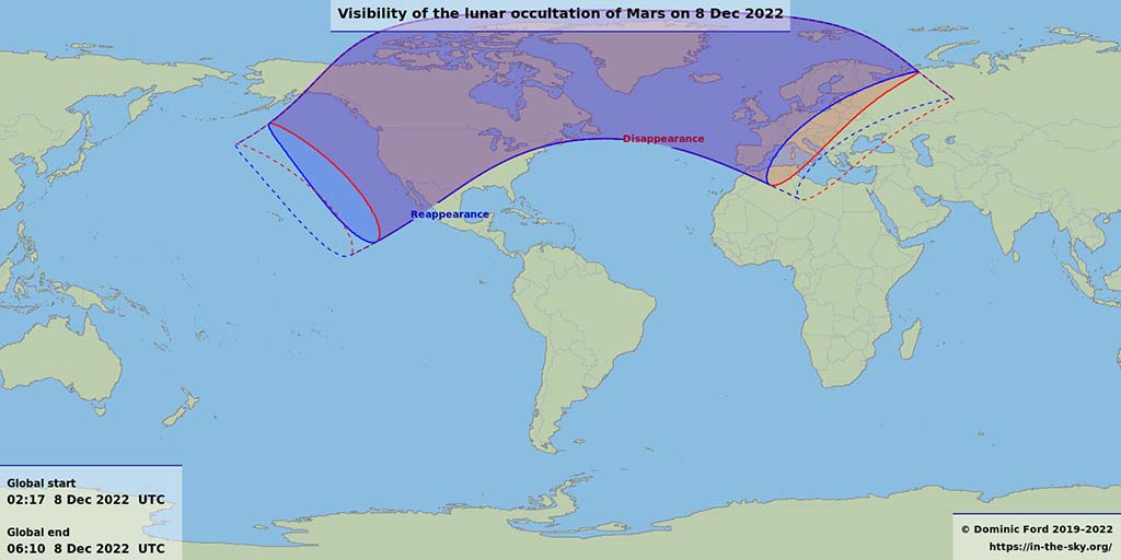 Mapa de visibilidad de la ocultación de Marte por la Luna el 8 de diciembre de 2022.