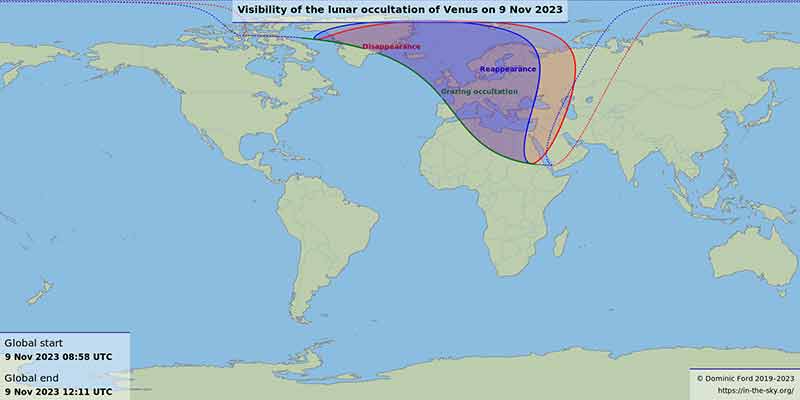 mapa de la ocultación lunar de Venus del 9 de noviembre de 2023