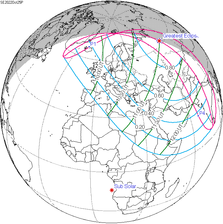 mapa del eclipse solar parcial del 25 de octubre de 2022