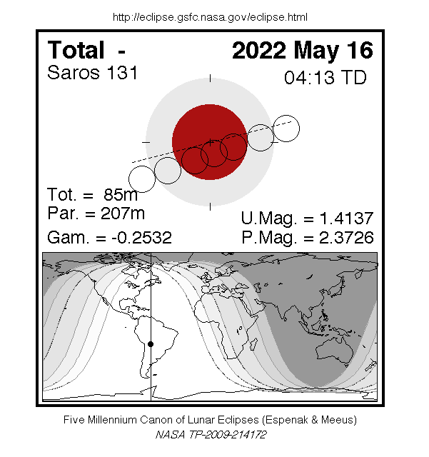 Mapa de visibilidad del eclipse de Luna del 16 de mayo.